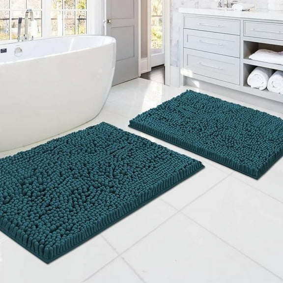 PrimeBeau Bathroom Rugs, Non-Slip Luxury Chenille, Extra Soft Absorbent Shaggy, Washable, 2-Piece Set, Dark Teal