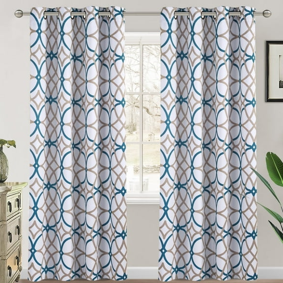 PrimeBeau Thermal Insulated Geo Pattern Grommet Top Blackout Panels, Teal and Taupe, 52" x 84" inch, 2 Panels