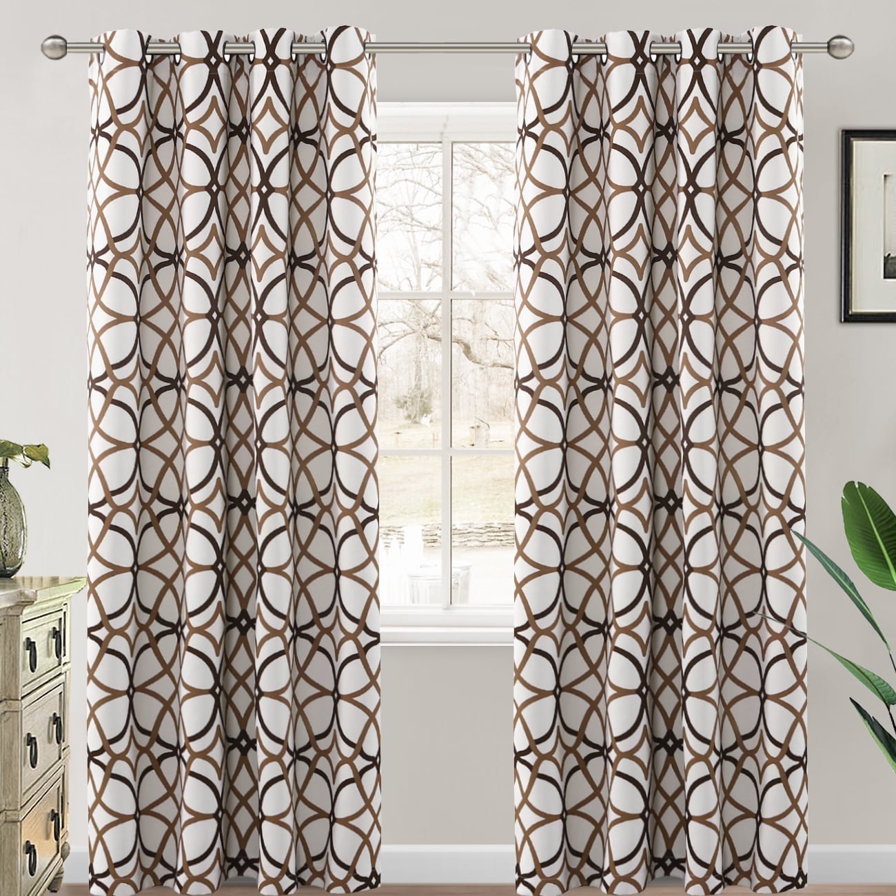 PrimeBeau Thermal Insulated Blackout Curtains, 108" , Geometry Line Print, Taupe/Brown, 2 Panels, Grommet