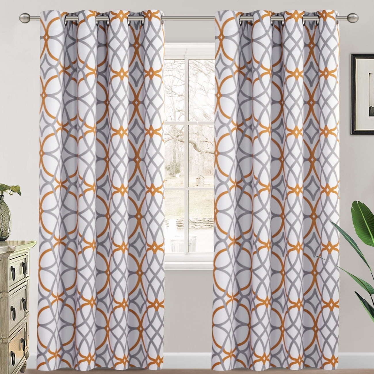 PrimeBeau Thermal Insulated Blackout Curtains, Mustard and Grey Geo Pattern, 52" x 96" Inch, Set of 2