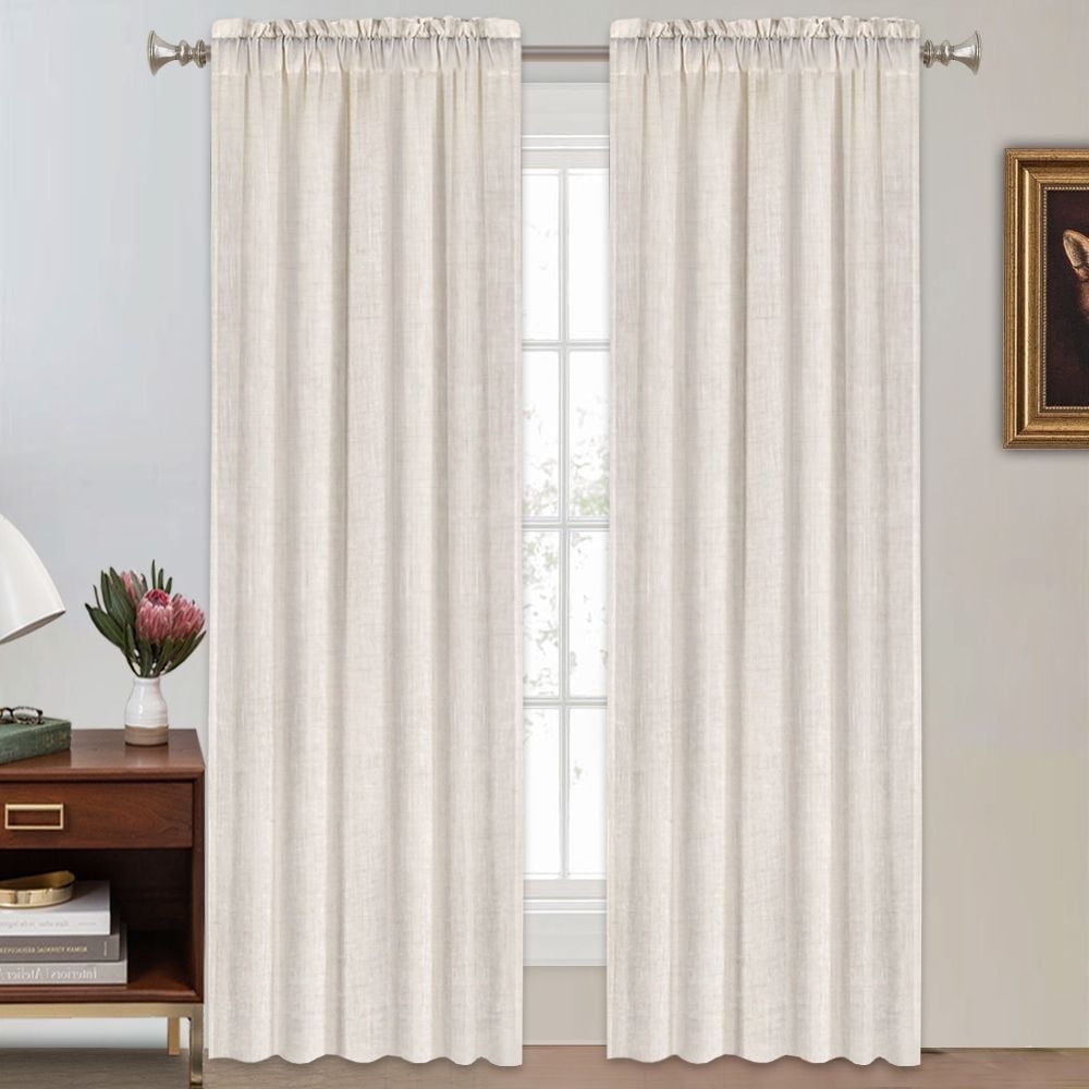 PrimeBeau Linen Sheer Vintage Rod Pocket Window Curtains, 52" W x 84" L, Natural