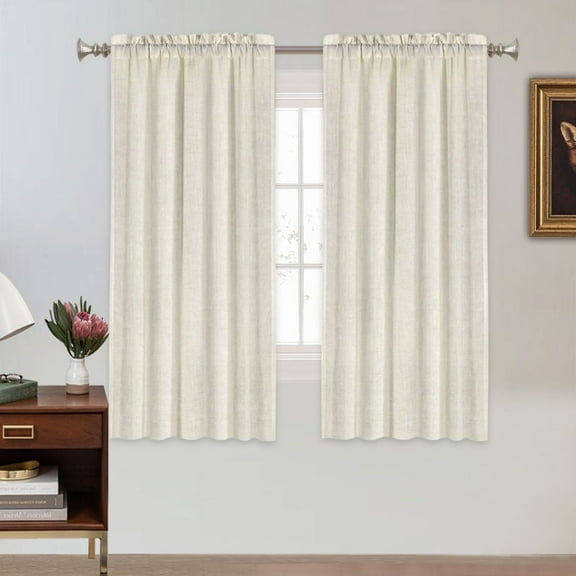 PrimeBeau Linen Texture Privacy Added Semi Sheer Window Curtain Drapes, 52" W x 63" L, Ivory