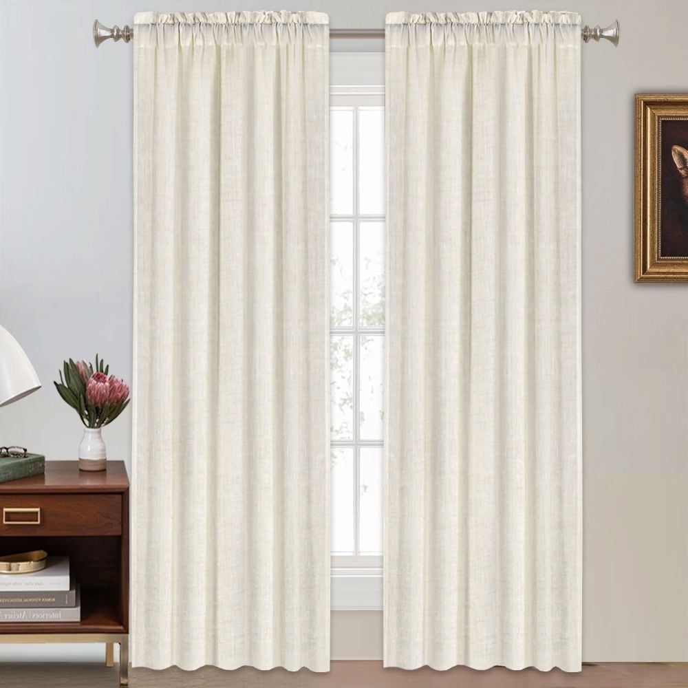 PrimeBeau Linen Texture Privacy Vintage Semi Sheer Window Curtain Panels, 52" W x 84" L, Ivory