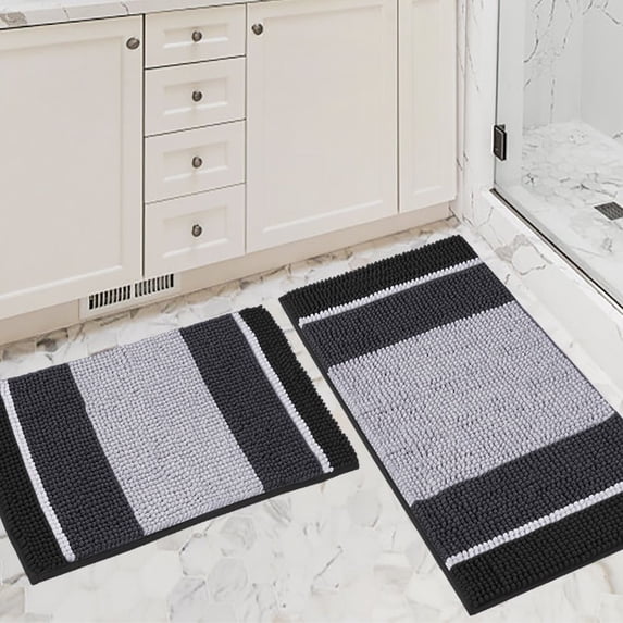 PrimeBeau Luxurious Absorbent Shag Chenille Bath Rug Set, Microfiber, Non-Slip, Ultra Thick, Pack of 2 (Black)