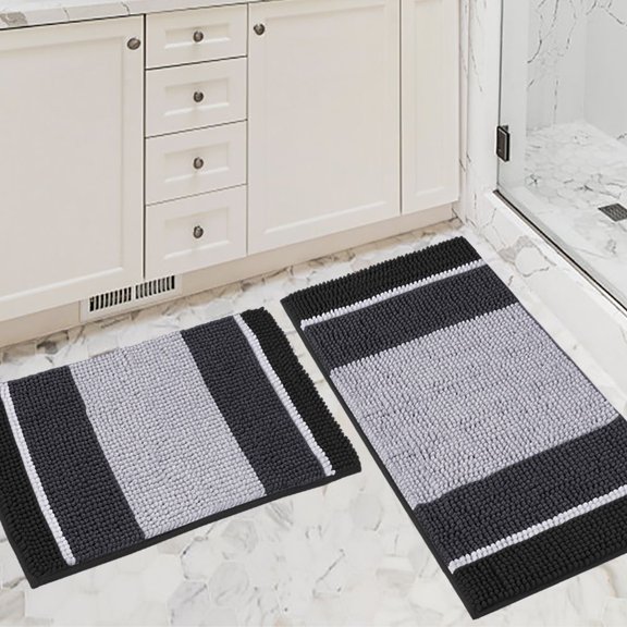 PrimeBeau Luxurious Absorbent Shag Chenille Bath Rug Set, Microfiber, Non-Slip, Ultra Thick, Pack of 2 (Black)