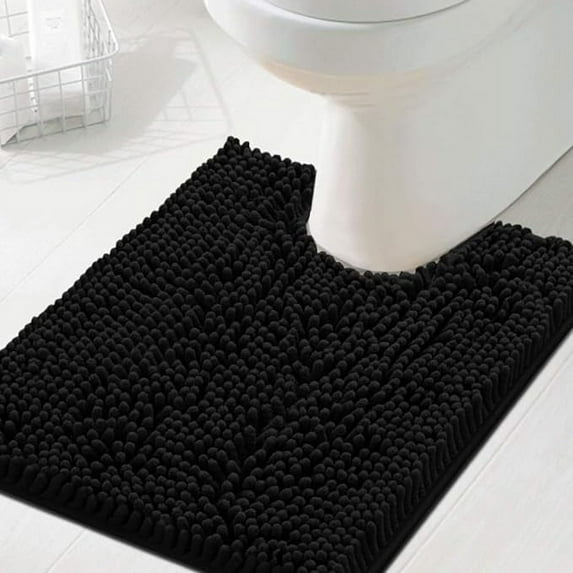 PrimeBeau Luxurious Chenille Shaggy Bathroom Rug Extra Soft and Absorbent U Shaped Bath Mat 20"x24" Black