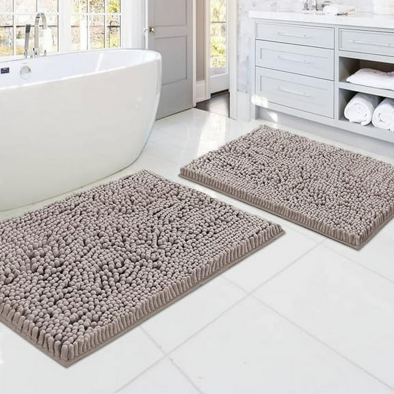 PrimeBeau Luxury Absorbent Bathroom Rugs, Non-Slip Chenille, Extra Soft, Washable, Fast Dry, 2-Piece Set, Taupe
