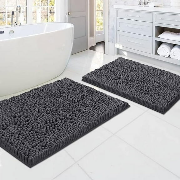 PrimeBeau Luxury Comfort Absorbent Bathroom Rugs, Non-Slip Chenille Extra Soft Shaggy, Washable, 2 Piece Set, Gray