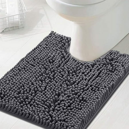 PrimeBeau Microfiber Chenille Absorbent Extra Soft Gray U-Shaped Toilet Mat Bathroom Rug