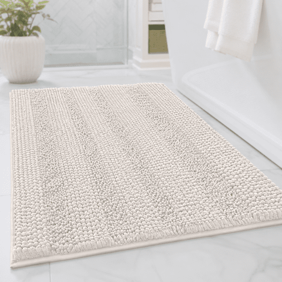 PrimeBeau Chenille Shaggy Rug, 20 x 32 Inch, Non-Slip Backing, Ivory Color