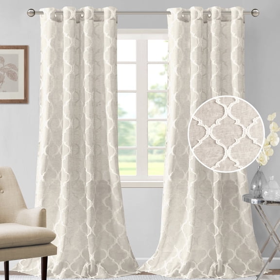 PrimeBeau Embroidery Linen Lantern Light Filtering Privacy Sheer Curtains (Pair of 2, 52" x 63" inch, Natural)