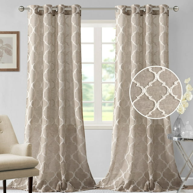 PrimeBeau Mosaic Lantern Embroidery Linen Mixed Grommet Draper, Light Filtering Privacy Sheer (Pair of 2, 52 by 63 inch, Taupe)