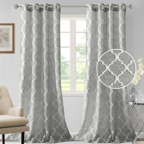 PrimeBeau Mosaic Lantern Embroidery Linen Light Filtering Privacy Sheer Curtains, Pair of 2, 52" x 84" inch, Ash