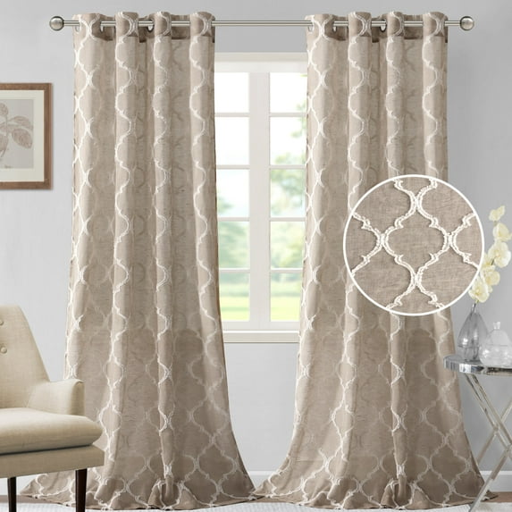 PrimeBeau Embroidery Linen Privacy Sheer Lantern, Light Filtering (Pair of 2, 52" x 96" , Taupe)