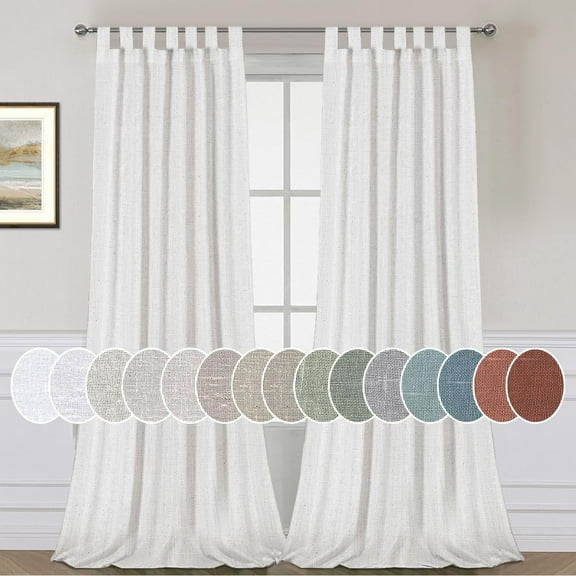 PrimeBeau Natural Linen Blend Tab Top Curtains (52" x 96", Pure White)