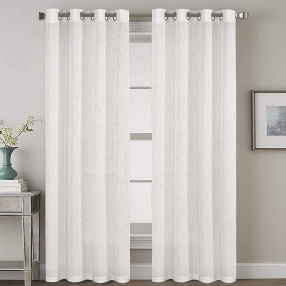 PrimeBeau Natural Linen Blended Nickel Grommet Curtains, Semi Sheer Window Drapes, 52" W x 108" L, Pure White