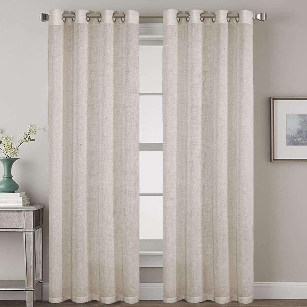 PrimeBeau Textured Semi Sheer Privacy Added Linen Blended Nickel Grommet Window Curtain Panels, 52" W x 84" L, Angora