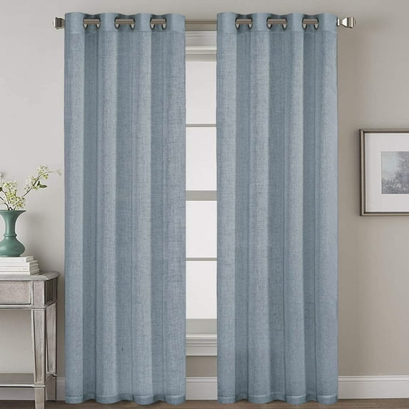"Primebeau Natural Linen Blended Nickel Grommet Semi Sheer Window Curtain Panels, 52"" W x 84"" L, Stone Blue"