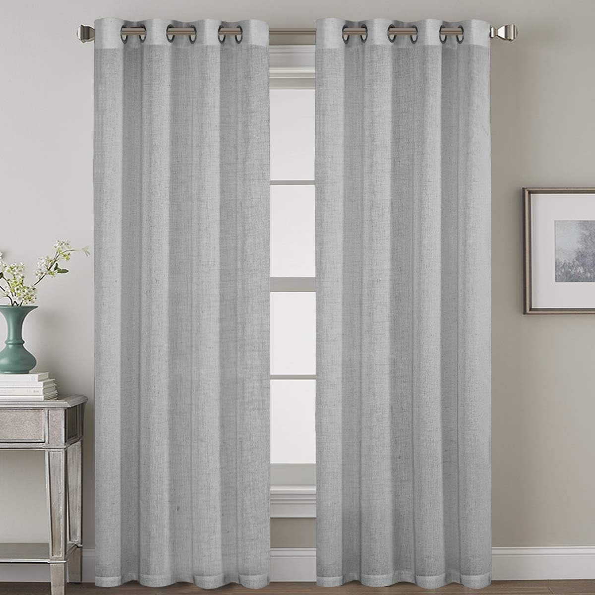 PrimeBeau Elegant Vintage Privacy Semi Sheer Linen Blended Nickel Grommet Window Panels, 52" W x 96" L, Dove