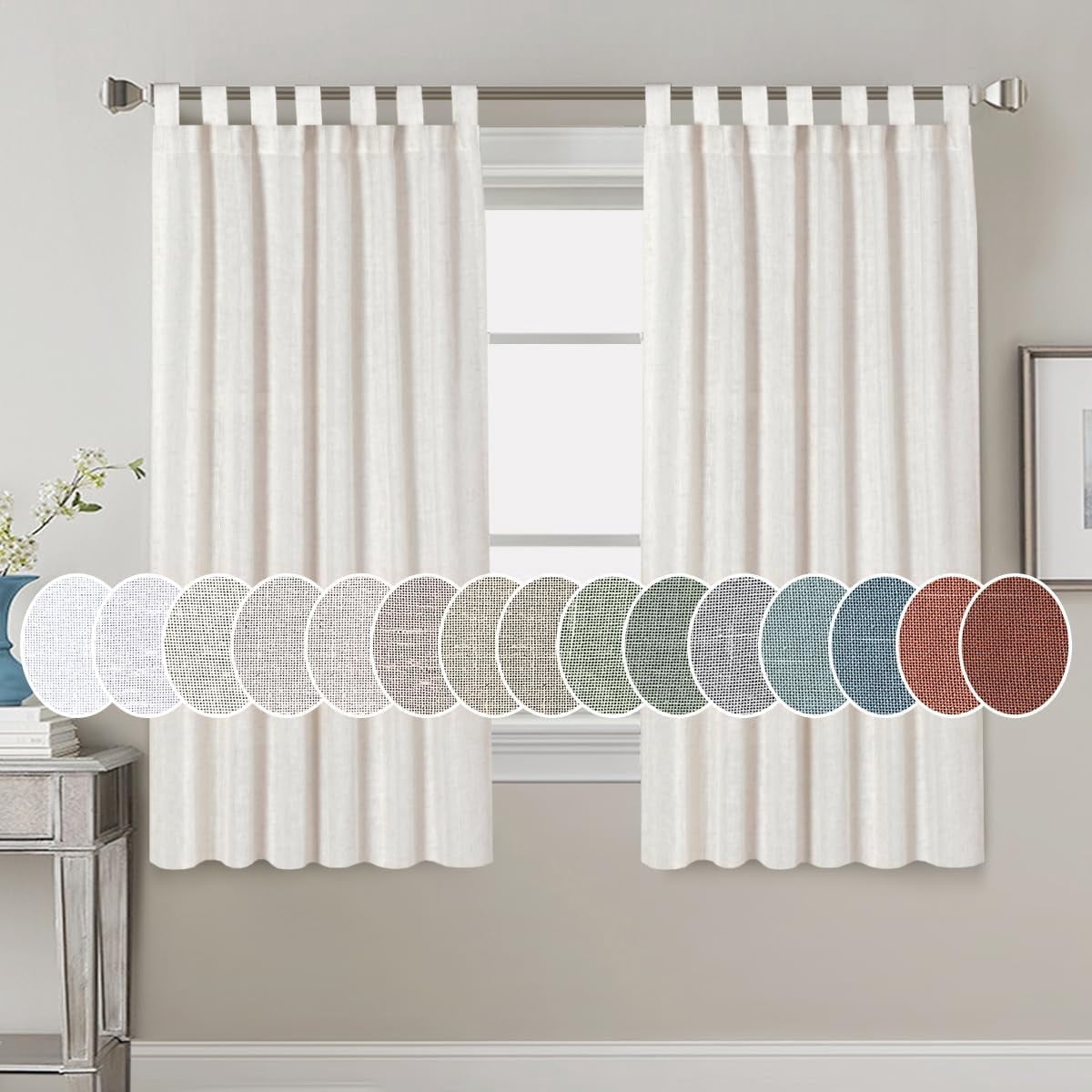 PrimeBeau Natural Linen Texture Tab Top Sheer Privacy Window Curtains Panels, 52" W x 63" L