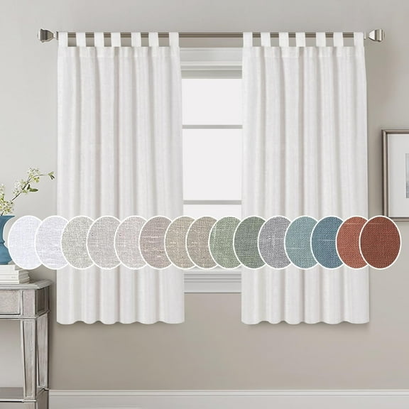 PrimeBeau Natural Linen Blended Tab Top Curtains Privacy Added Semi Sheer Window Curtain Drapes Textured Flax Curtains(52" W x 63" L, White)