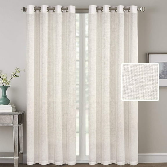 PrimeBeau Natural Linen Texture Sheer Panels with Nickel Grommets, 52" W x 96" L, Ivory