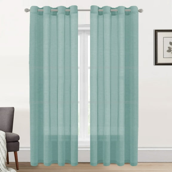 Primebeau Semi-Sheer Linen Curtains Light Filtering Grommet Panels, 52 x 108 inch, 2 Panel Set, SeaMist