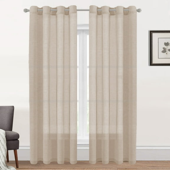 PrimeBeau Semi Sheer Grommet Panels, Light Filtering Linen Curtains, 52 x 84 inch, 2 Panel Set