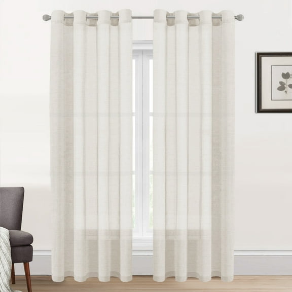 PrimeBeau Semi Sheer Linen Curtains Light Filtering Grommet Draperies, 52" x 84" inch, 2 Panel Set, Natural