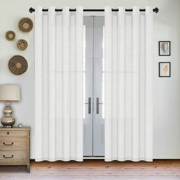 PrimeBeau Semi Sheer Linen Curtains Light Filtering Grommet Draperies, 52"x84" , 2 Panel Set, White