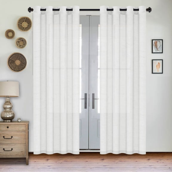 PrimeBeau Semi Sheer Grommet Curtains, Light Filtering Linen Blend, 52"x96" , 2 Panel Set, White