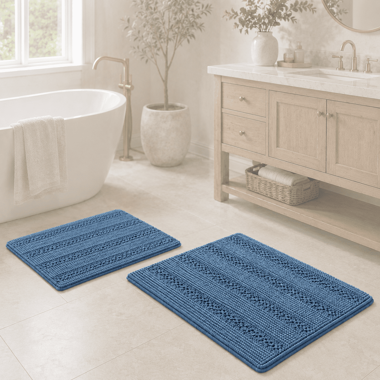 PrimeBeau 20x32'' Chenille Plush Striped Shag Rug, Navy Oversize