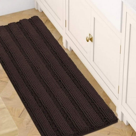 PrimeBeau Slip-Resistant Washable Striped Chenille Shaggy Bath Mat Runner, 47 inch by 17 inch, Chocolate