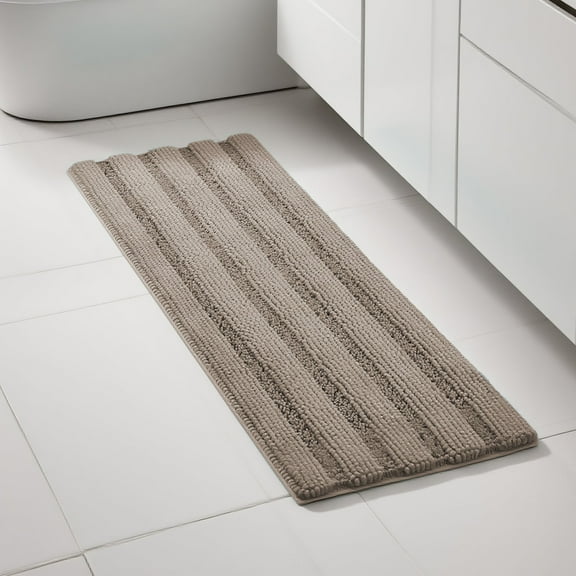 PrimeBeau Slip-Resistant Washable Striped Chenille Shaggy Bath Mat Runner, 47 inch by 17 inch, Khaki