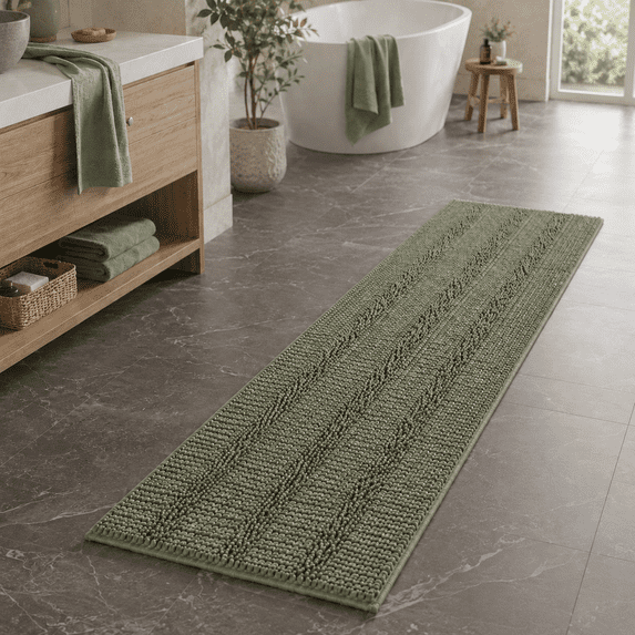 PrimeBeau Striped Chenille Bath Rugs, 47 inch by 17 inch, Non-Slip Backing, Sage