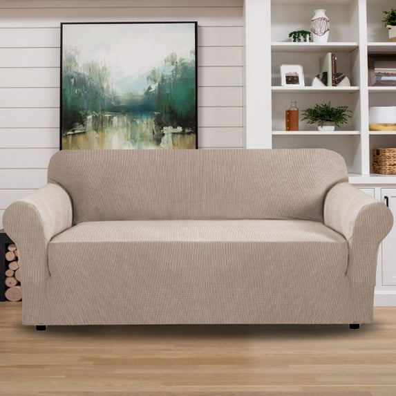 PrimeBeau Sofa Slipcover 1 Piece Sofa Cover 3 Seater Soft Couch Cover(Sofa Large, Beige)