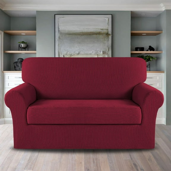 PrimeBeau Sofa Slipcover 2 Piece Sofa Cover 1 Seater Soft Couch Cover(Loveseat 58"-72", Burgundy)