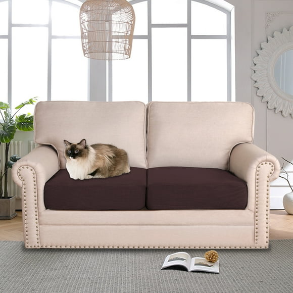PrimeBeau Loveseat Seat Cover, Stretch, Washable, 85% Polyester, 15% Spandex, Brown (2pc)