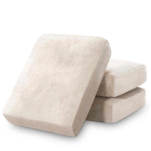 PrimeBeau Stretch Velvet Couch Cushion Covers Solid Pattern Suitable, 3 Cushions Extra Largess, Ivory