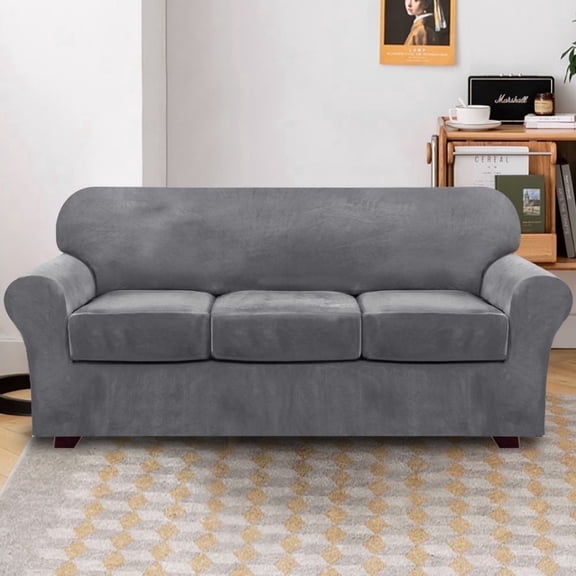PrimeBeau Stretchable Velvet Slipcovers Set, Three Cushioned Sofa Protector, Full Protection