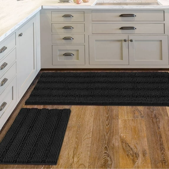PrimeBeau Chenille Shaggy Absorbent Non-Slip Bathroom Floor Mats, Set of 2, Black, 47" x 17" Plus 17" x 24" Inches