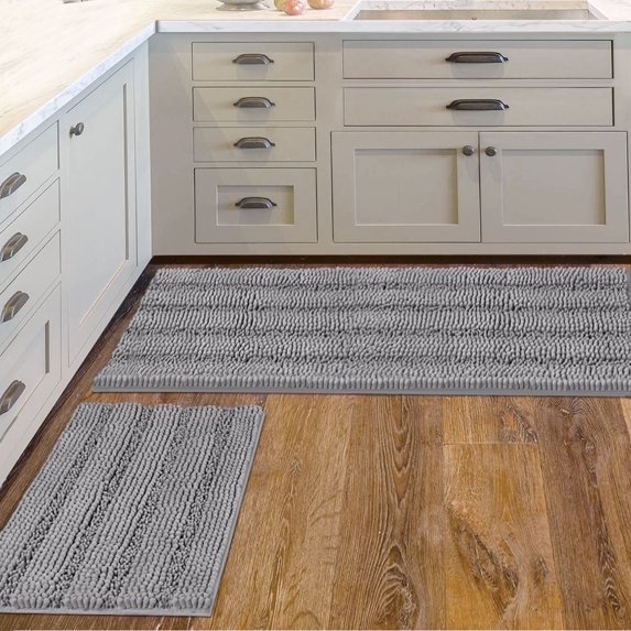 PrimeBeau Washable Non-Slip Chenille Bath Rugs Set of 2, Dove, 47x17 inch & 17x24 inch