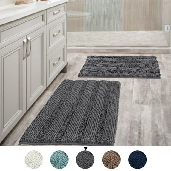PrimeBeau Luxurious Non-Slip Absorbent Chenille Bath Rugs Set of 2, Gray, 47" x 17" Plus 17" x 24" Inches