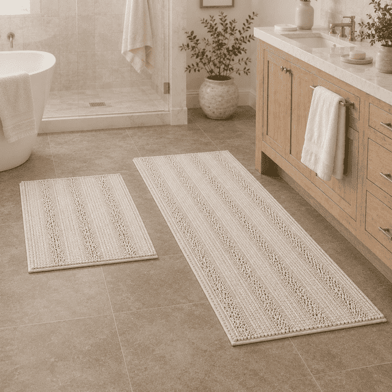 PrimeBeau Striped Chenille Bath Rug Set of 2, Ivory, 47 x 17 Plus 17 x 24 Inches