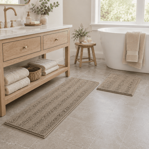 PrimeBeau Striped Chenille Bath Rugs Super Absorbent Non Skid Floor Mats Set of 2, Khaki, 47 x 17 Plus 17 x 24 Inches