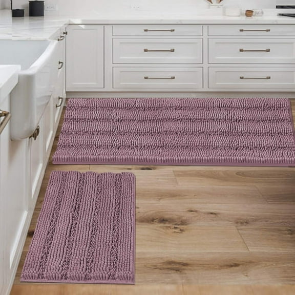 PrimeBeau Striped Chenille Bath Rugs Super Absorbent Non Skid Floor Mats Set of 2, Mauve, 47 x 17 Plus 17 x 24 Inches