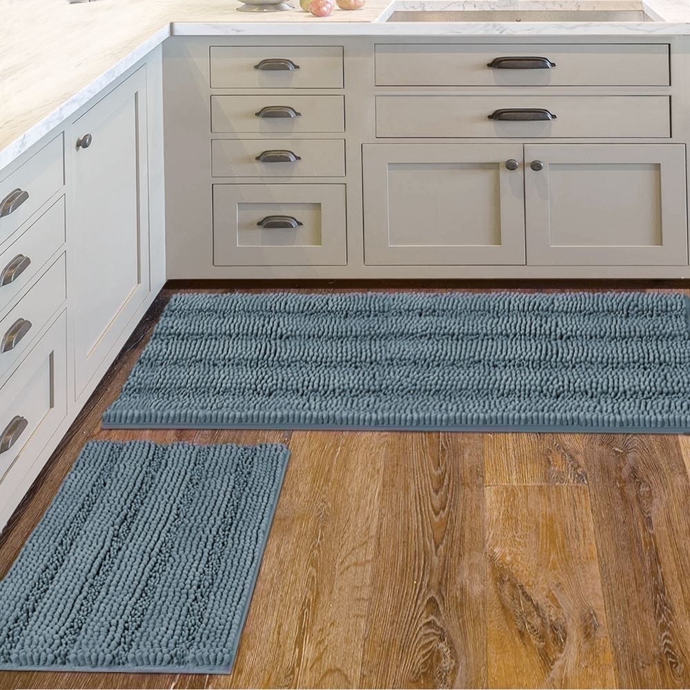 PrimeBeau Luxurious Absorbent Non-Slip Microfiber Chenille Shaggy Rug Set, Stone Blue, 47" x 17" + 17" x 24" Inches