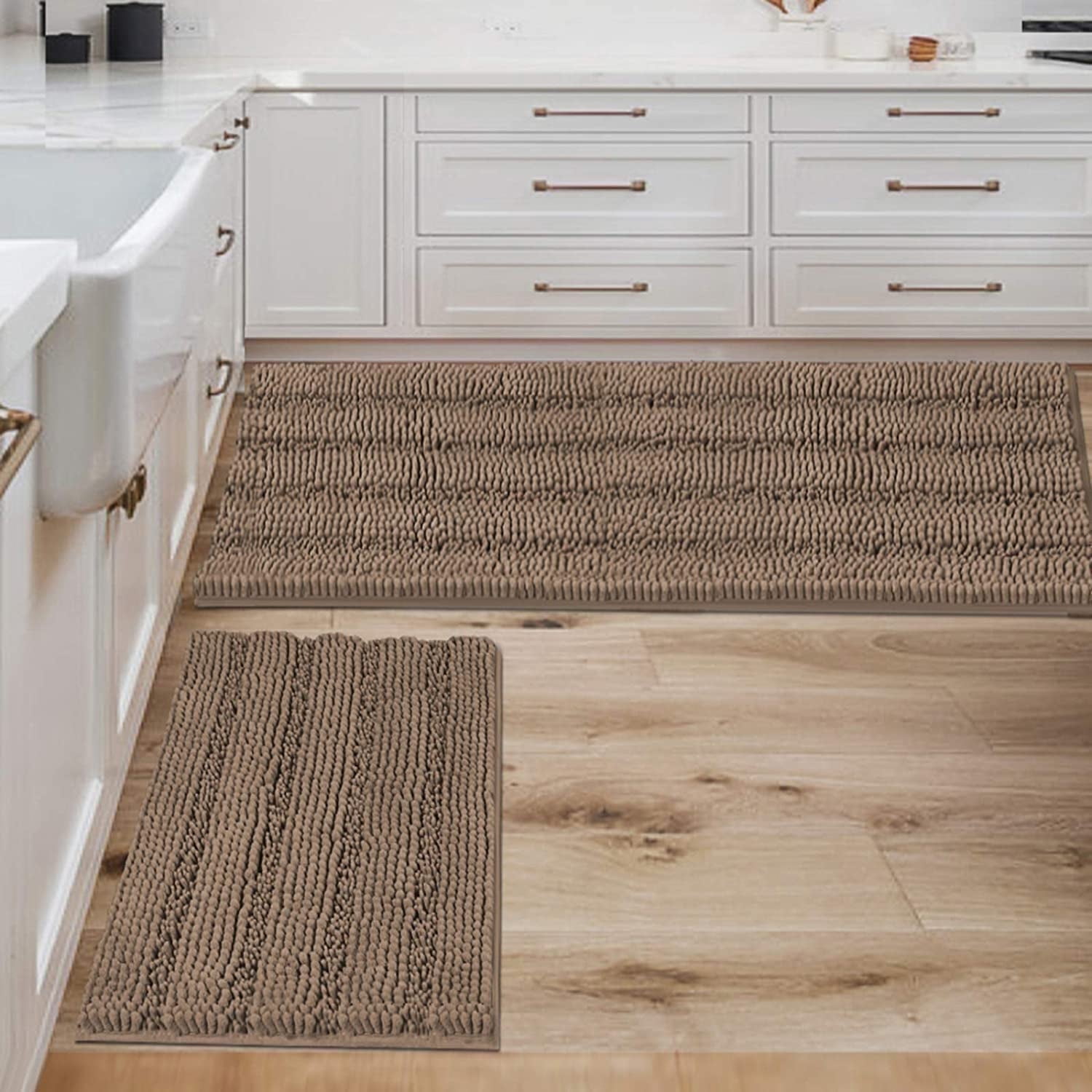PrimeBeau Striped Chenille Bath Rugs Super Absorbent Non Skid Floor Mats Set of 2, Taupe, 47 x 17 Plus 17 x 24 Inches - Walmart.com