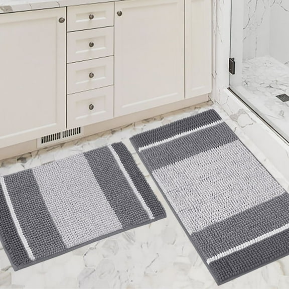 PrimeBeau Striped Chenille Microfiber Bath Rug, Absorbent Non-Slip Mat, 20" x 32" Plus 17" x 24", Gray