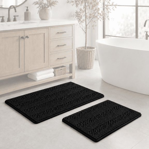 PrimeBeau Super Thick Striped Shaggy Microfiber Rugs, Black (Pack 2-20" x 32"/17" x 24")